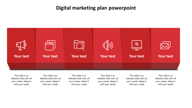 Red digital marketing layout with six 3D blocks, each showing a white icon and text for different marketing channels.