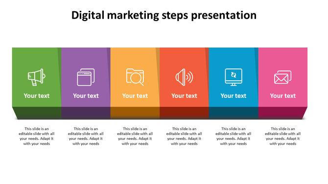 Digital marketing steps presentation with six colorful blocks, each containing an icon and placeholder area.