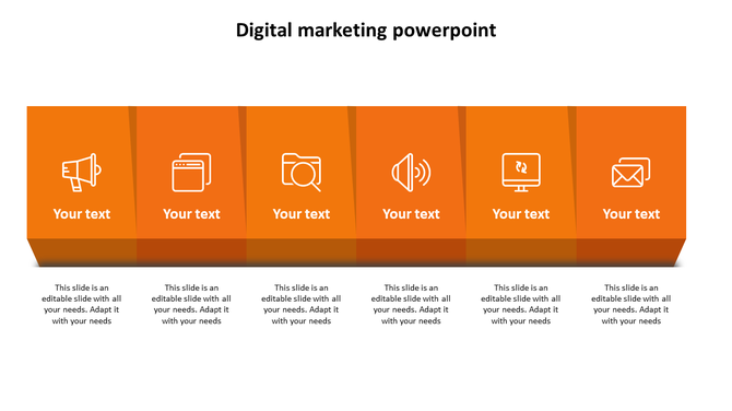 Digital marketing template with six orange sections, each containing an icon and space for text.