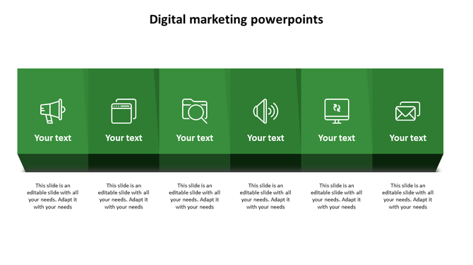 Digital marketing plan PowerPoint slide with six green 3D blocks, each representing a different icon with placeholder text.