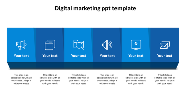 Digital marketing template with six blue boxes, white icons, and customizable text sections, arranged in a 3D horizontal row.
