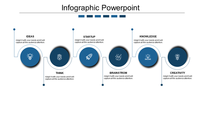 Infographic slide with six blue circular icons from Ideas to Creativity in a horizontal flow with placeholder text.
