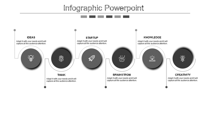 Infographic slide with six gray circular icons from Ideas to Creativity in a horizontal flow with placeholder text.