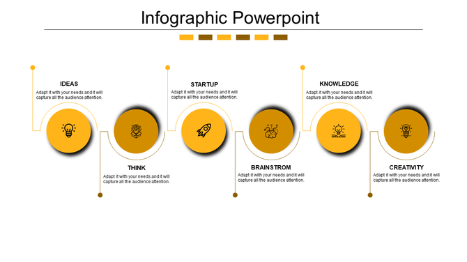 Timeline infographic with five yellow circles connected by lines representing sequential steps placed in white backdrop.