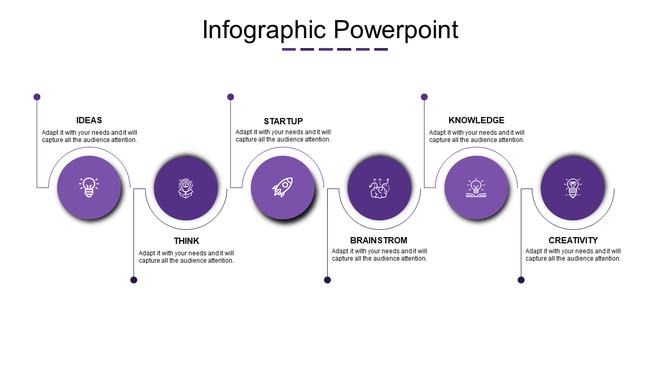Horizontal layout with six purple circular shapes and minimal line connectors on a white background.