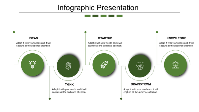 Horizontal process infographic featuring green circles with icons for ideas, startup, and more placed in white backdrop.
