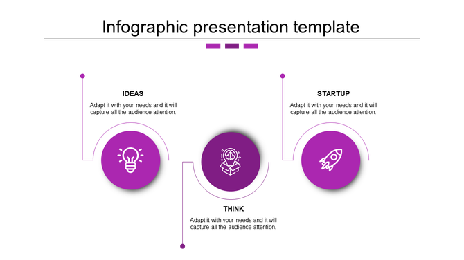 Infographic slide featuring three purple circular icons for Ideas, Think, and Startup, arranged horizontally with captions.
