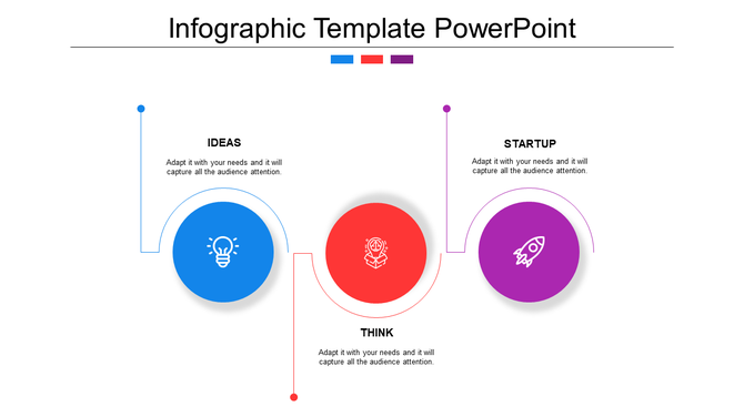 Infographic with three colored circles in blue, red, and purple, connected by curved lines and arranged horizontally.
