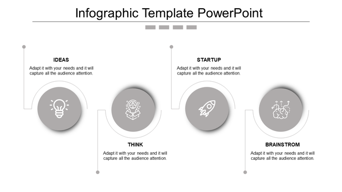 Infographic with four gray circles, featuring icons and curved lines connecting sections, arranged horizontally.