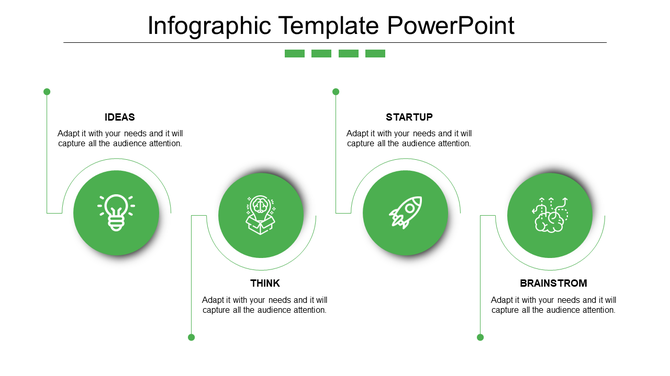 Infographic slide featuring four green circular icons from Ideas to Brainstorm, aligned in a horizontal flow with text area.