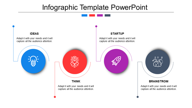 Timeline infographic with four multicolored circles connected by lines representing sequential steps.