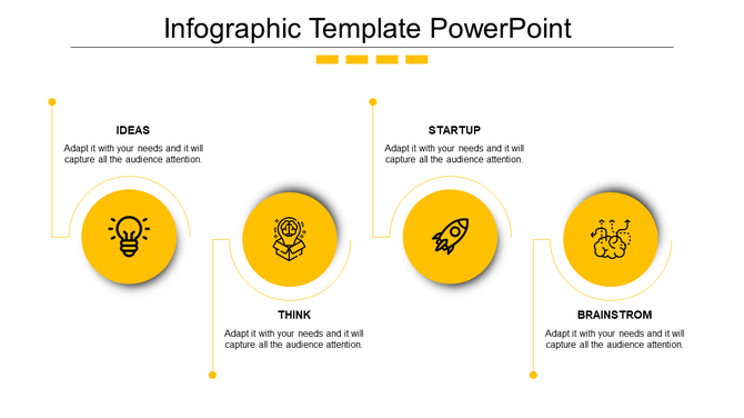 Infographic slide with four yellow circular icons from Ideas to Brainstorm, connected in a horizontal layout with text.