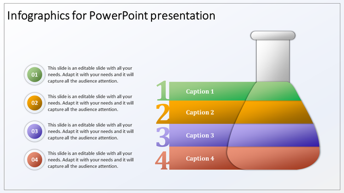 Layered flask infographic featuring four sections in green, yellow, purple, and red, each with numbered caption areas.
