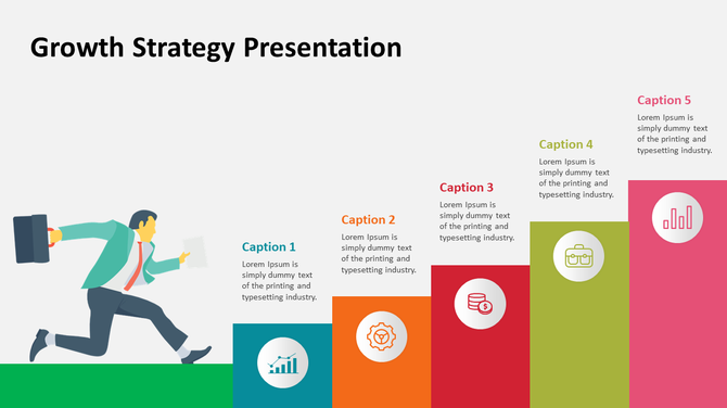 Colorful bar chart with five sections, each labeled with a caption, and icons representing aspects of a growth strategy. 