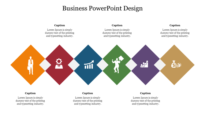 Horizontal sequence of five colored diamonds with business icons employee, settings, graph, growth, and money bag.