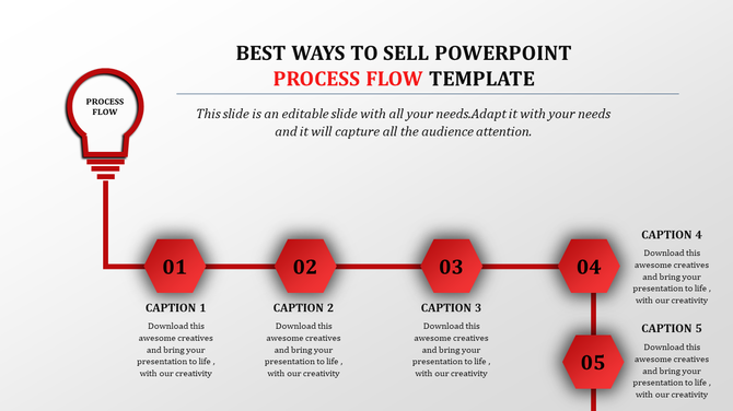 Red process flow diagram with a lightbulb icon leading to five hexagonal steps connected by lines.