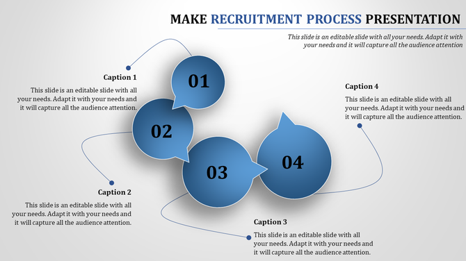 Recruitment process slide with four blue circular shapes labeled 01 to 04, connected by curved arrows.
