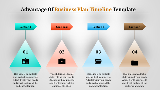 Business plan timeline with four numbered pyramid sections labeled Captions 1 to 4, featuring icons.