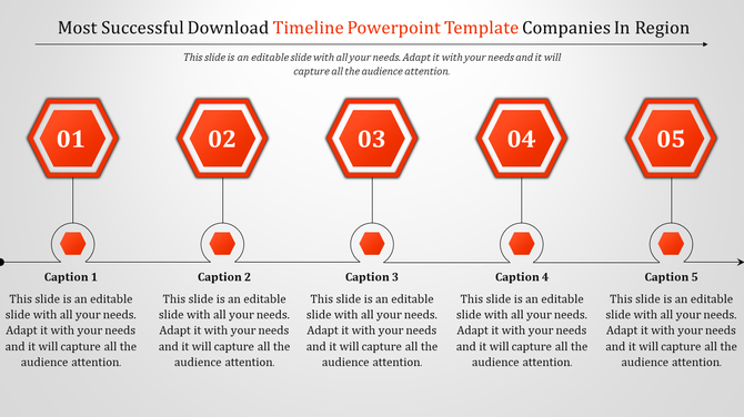 PowerPoint slide with a timeline design, featuring five numbered hexagons in red, labeled with captions.