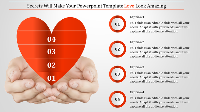 Hands holding a layered red heart with numbered sections, paired with four corresponding captions on the right.
