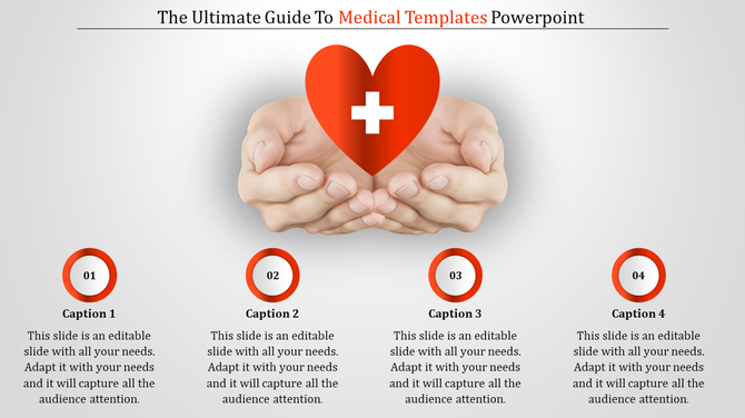 Medical PowerPoint slide showing a heart with a medical cross in hands, with placeholders for captions.