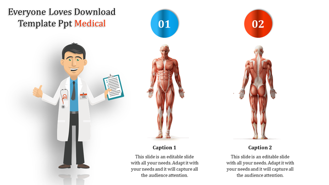 Illustration of a doctor, alongside front and back views of muscular anatomy diagrams, with blue and orange circular markers.