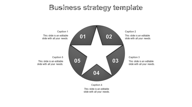Business strategy PowerPoint template with a grey star shape and five caption sections on a white backdrop.