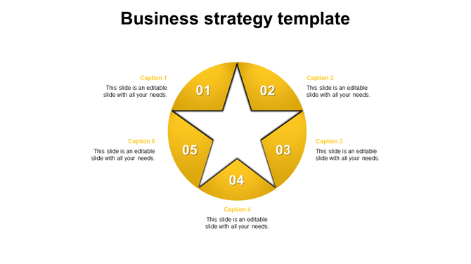 Business strategy template featuring a star shape divided into five numbered sections, each with captions.
