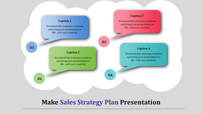 Sales strategy plan with four colorful speech bubbles in blue, green, red, and cyan, labeled captions areas.
