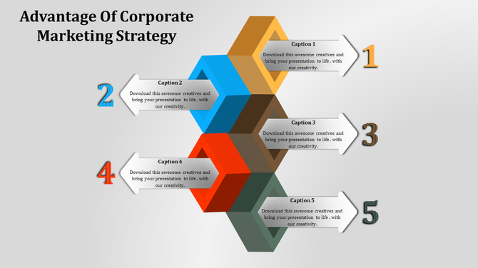 A colorful corporate marketing strategy slide featuring a hexagonal design with numbered sections for captions.