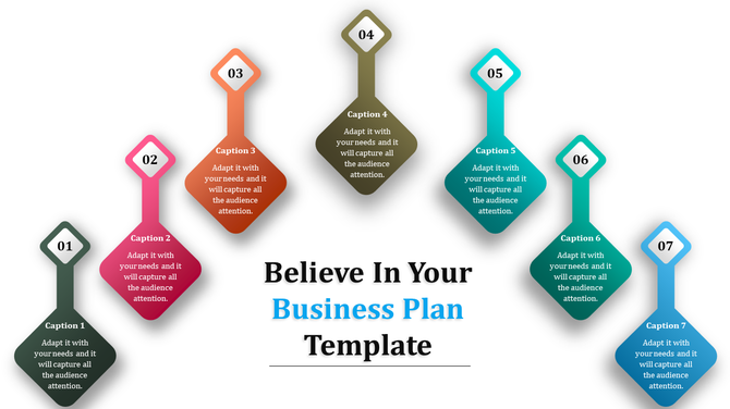 Business plan slide with seven steps, displayed in colorful diamond shaped blocks with captions and numbering.