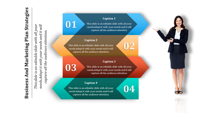 Four colorful arrow shaped sections labeled 01 to 04 with captions, alongside a businesswoman pointing.