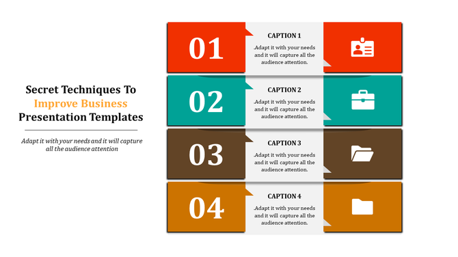 Business slide featuring four sections in red, teal, brown, and orange, labeled with captions and relevant icons.