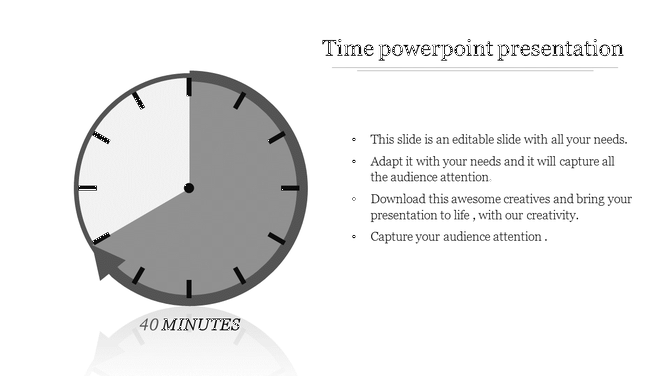 Time PowerPoint slide showing a grey clock at 40 minutes with the title with placeholder text.