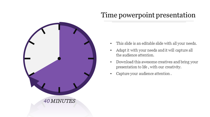 Purple clock with 40 minutes highlighted for a time management PowerPoint presentation.