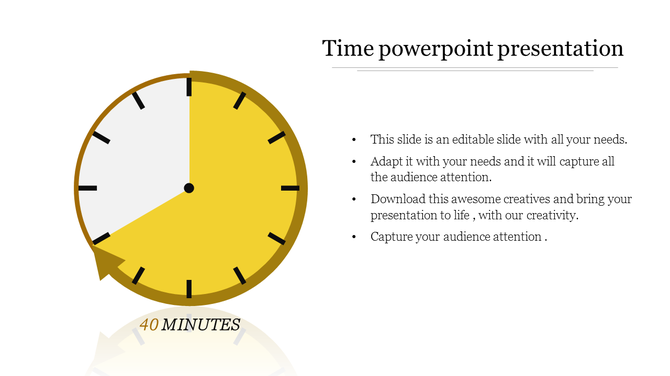 A slide with a clock, indicating 40 minutes, and areas for captions areas related to time management.