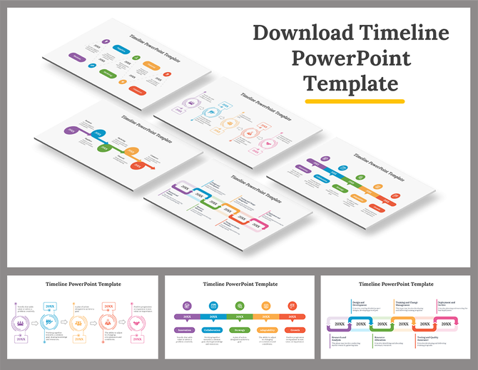 Slide deck featuring colorful timeline templates with icons, milestones, and text on a clean white background.
