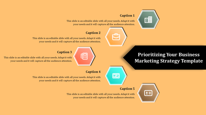 Business strategy infographic with five hexagonal icons like green building to brown server.