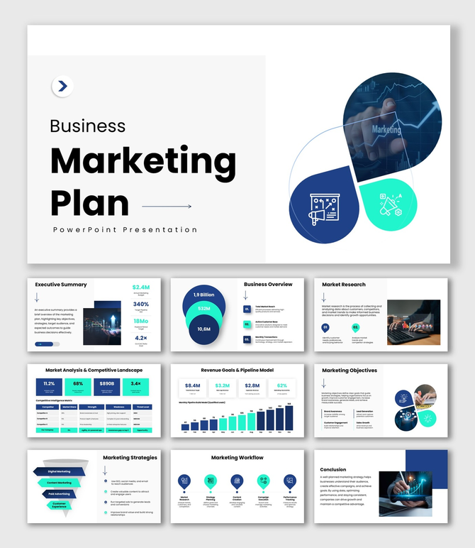 Business Marketing Plan slide with blue green shapes, charts, icons, and structured text sections.