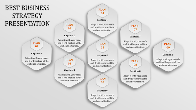 A business strategy presentation slide with numbered plans and captions in a hexagonal layout.