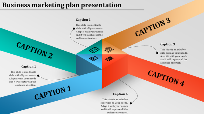 Four-directional marketing plan design with a central cube and labeled arrows, each linked to placeholder text areas.