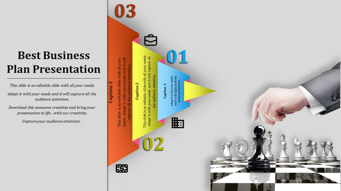Business plan slide with a funnel graphic and chessboard, showing numbered sections with captions and icons.
