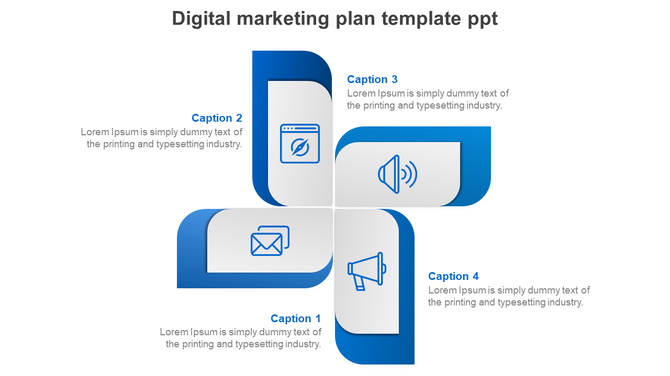 Digital marketing icons in four blue toned blocks forming a symmetrical layout with space for captions on each side.