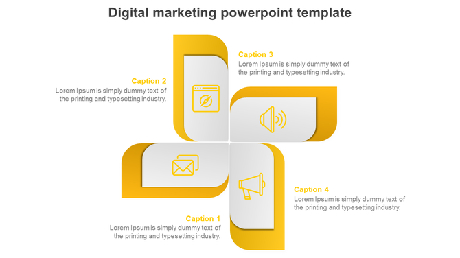 Yellow and white slide with four curved segments featuring icons and captions for digital marketing strategies.