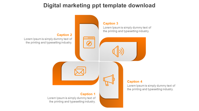 Digital marketing slide featuring a four-segment orange and white layout with icons for communication and advertising.