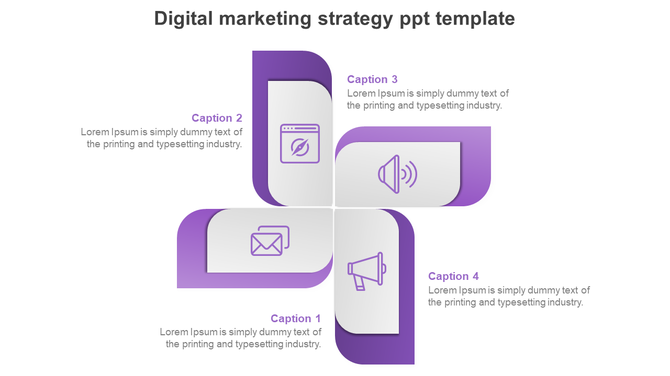 Purple themed digital marketing strategy template with four distinct segments, each containing an icon.