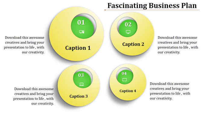 Business plan template with four circular sections, each containing an icon and caption for a professional presentation.