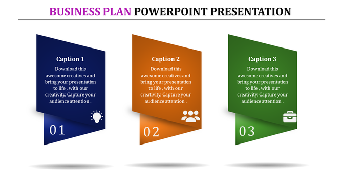 Business plan PowerPoint slide with three colorful sections, each featuring an icon and captions.