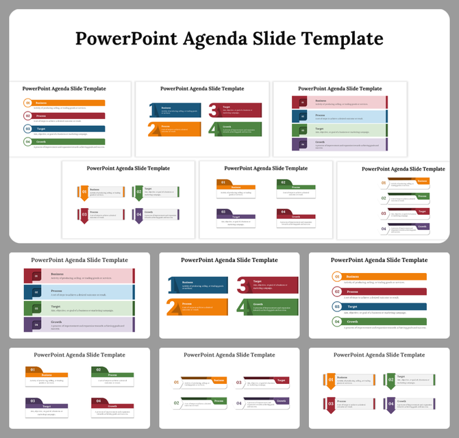Agenda slide deck featuring multiple templates with colorful numbered sections and text placeholders.