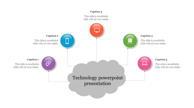 Technology network infographic featuring a cloud shape linked to five colored icons for devices, each with a caption areas.